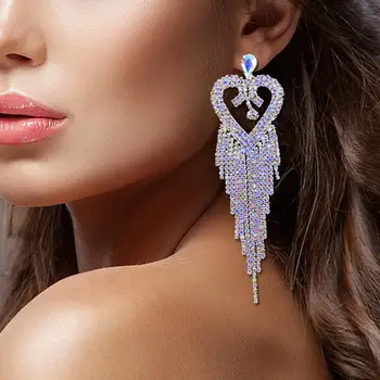 

StonFans Ab Rhinestone Heart Earrings Dangle for Women Wedding Bridal Vintage Long Handmade Tassle Earrings Shining Present