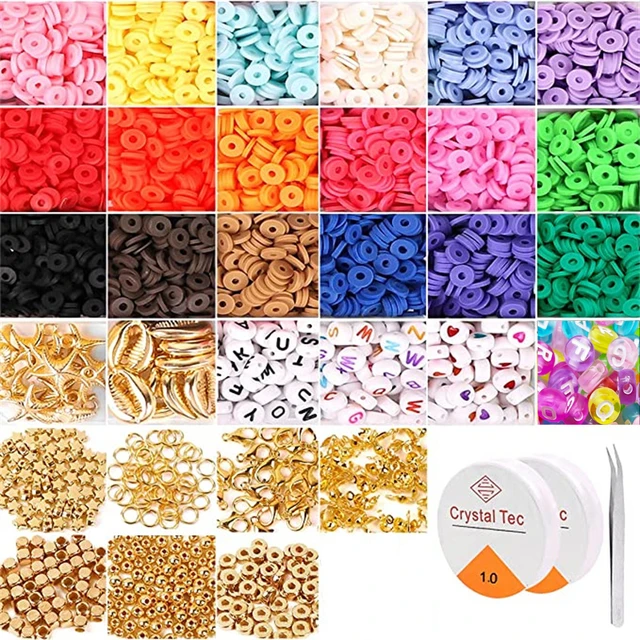 4800Pcs Clay Beads for Jewelry Making Bracelet Kit,Flat Round Polymer  Heishi Clay Beads with Pendant and Jump Rings Letter Beads for Bracelets