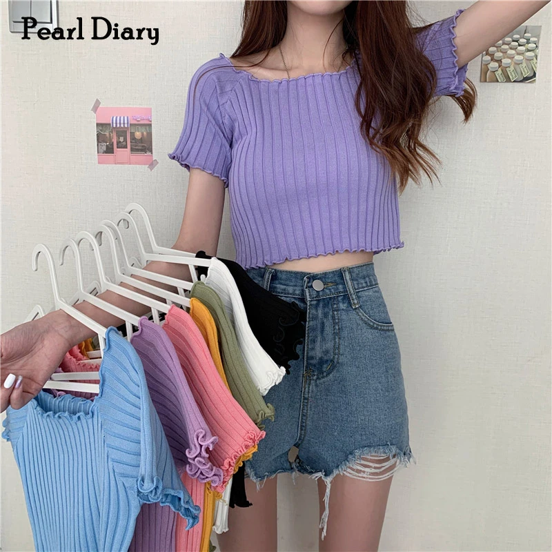 Parel Dagboek Vrouwen Zomer Crop Tops Breien Rib Slim Fit Sla Edge Gebreide Tees Korte Mouw Ruches Zoom Meisje top Nieuwe|Tank tops| AliExpress