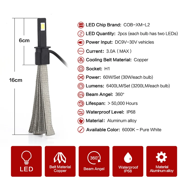 1 пара S7 H1 60 Вт 6400LM 4LED фары лампы противотуманных фар 6000 К 9 V-30 V 3.0A Замена