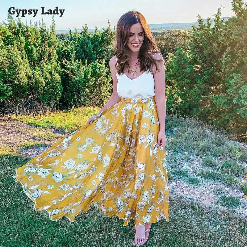 GypsyLady Цветочные Boho длинная юбка макси эластичная плиссированная большая юбка миди Женская шикарная xanadu летняя юбка 2019 новая faldas