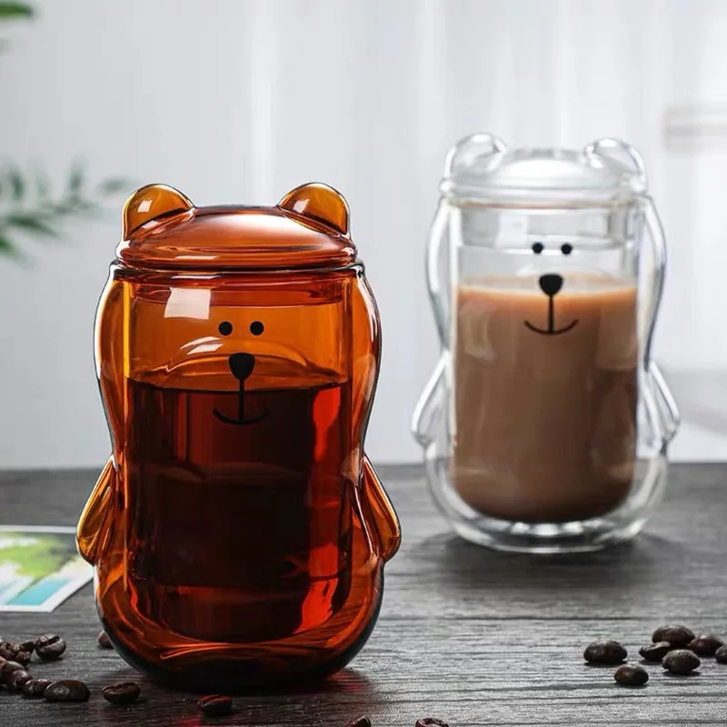 

Double Glass Coffee Cup Little bear Transparent Bear 300 ml Milk Juice Cup Creative Office anti scalding Thickening Tea Glasses