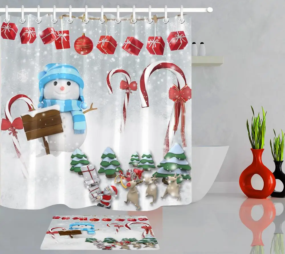Curtain And Mat Красивый Рождественский Снеговик зима Рождество мультфильм печать ванная комната Декор водонепроницаемый ткань наборы занавесок для душа 12 Крючки коврик для ванной - Цвет: Curtain And Mat