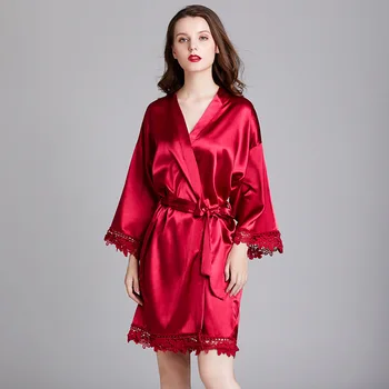 

Bride Bridesmaid Wedding Robes Silk Pajamas Bathrobe Sexy V-neck Peignoir Women's Lingerie Soft Summer Sleepwear Lace Home Suit