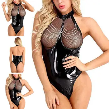 

Women Sexy Faux Patent Leather Hollow Zipper Crotch Bodysuit Leotard Clubwear