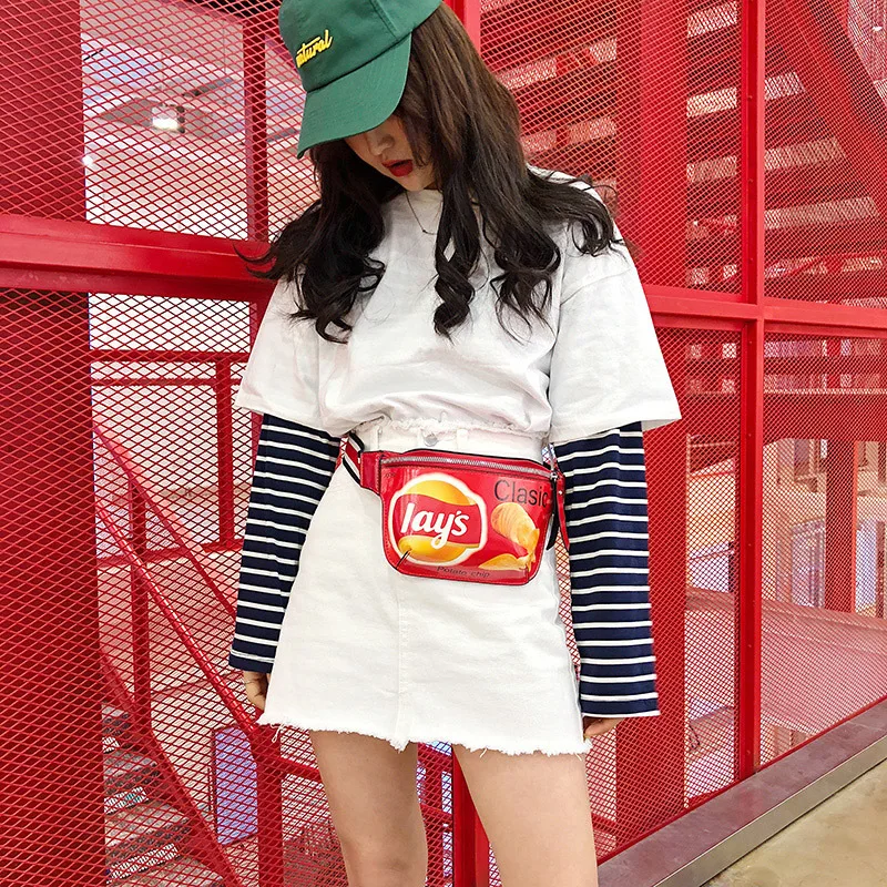 

2019 New Style Korean-style Fashion And Personality Fun Potato Chips Chest Bag Wallet Hip Hop Disco Dancing Bag Graffiti Printed