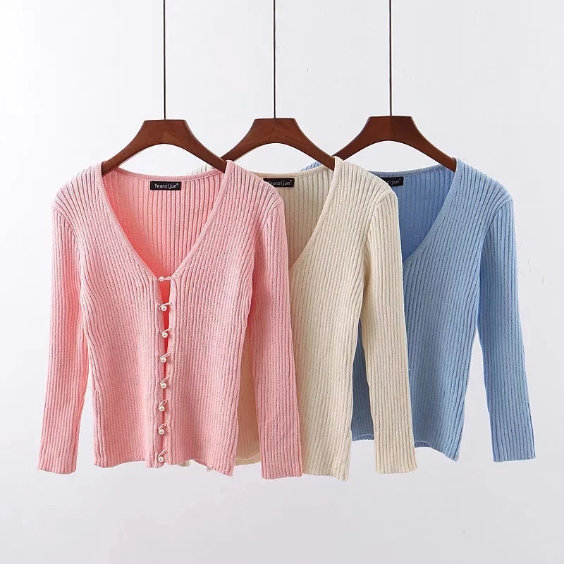 autumn pink Pearl knit cardigan women knitted sweater casual vintage pull femme Sexy winter sweater korean womens sweaters