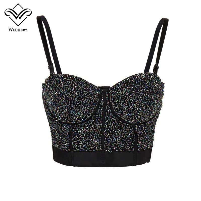 

Wechery Sexy Corset Women Slimming Corset Bra Beading Luxury Style Tops Black Silver Top for Party Cosplay Daily