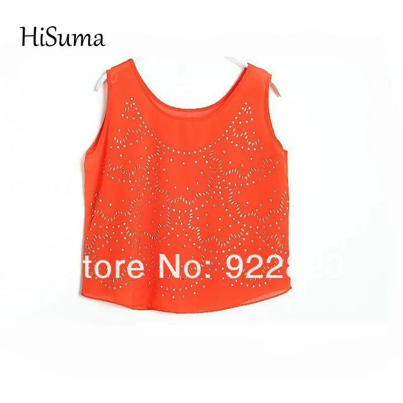 2024 summer New Women's Appliques O-neck Sleeveless Beach Chiffon Shirts Female Blouses Shirt Women shiny Vacation tees t shirts tees halloween leaky cauldron bleached t shirt tee dark grey in gray size 2xl 3xl m s xl