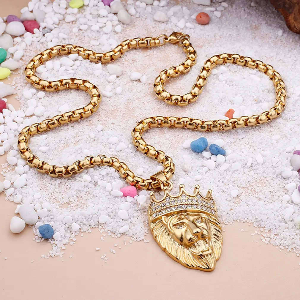 Унисекс ожерелье кулон очаровательный кулон золотая панк большая корона лев Король головы Роло цепь из нержавеющей стали блестящие AAA кристаллы