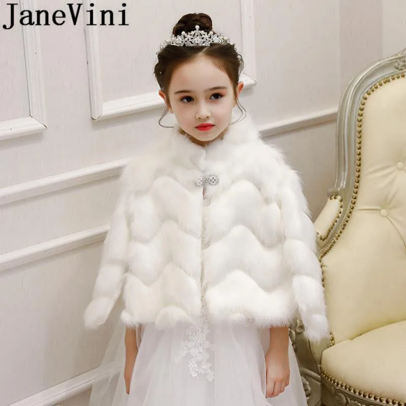 JaneVini Faux Fur Cape Wrap for Little Girls 2019 Warm Fake Winter Wedding Coat High Neck Beaded Shrugs Cloak Boleros Stoles | Свадьбы и