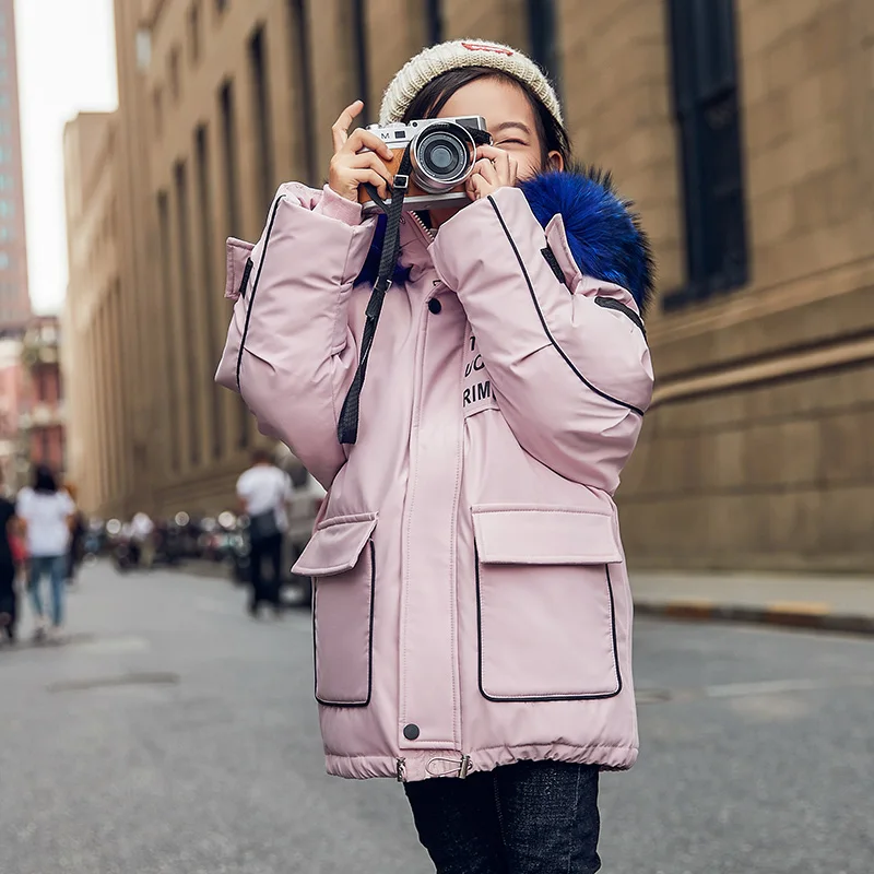 HSSCZL девочек куртки-пуховики новые зимние утепленные модные Пуховое пальто для детей с капюшоном с натуральным мехом, верхняя одежда для детей детская одежда - Цвет: Розовый