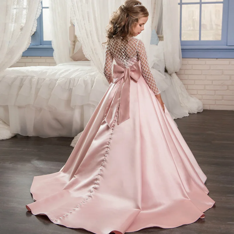 

Flower Girl Dress Long Evening Party Ball Gowns Kids Long Sleeve Wedding Costume Girls Communion Dresses Children Clothes