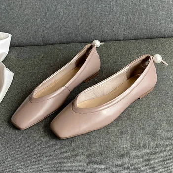 

EshtonShero Women Ballet Shoes Flats Square Toe Leather String Bead Women Boat Shoes Pink Ballerina Spring Ladies Shoes Size 3-9