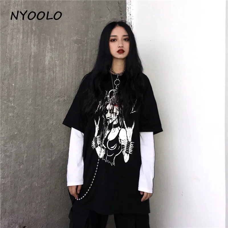NYOOLO Harajuku уличная Рок Сексуальная Женская граффити Печать поддельные две части Лоскутная свободная футболка с длинными рукавами и круглым вырезом для женщин и мужчин