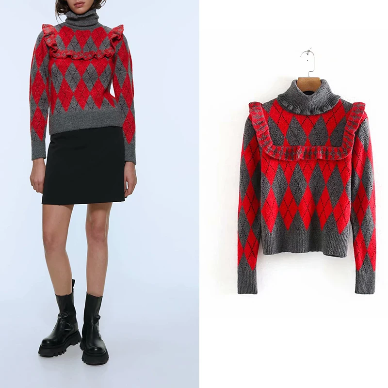 

za 2019 fasion women Long sleeve turtleneck chic Christmas Sweaters Women Knitted ruffles Jumper vintage women pullovers tops