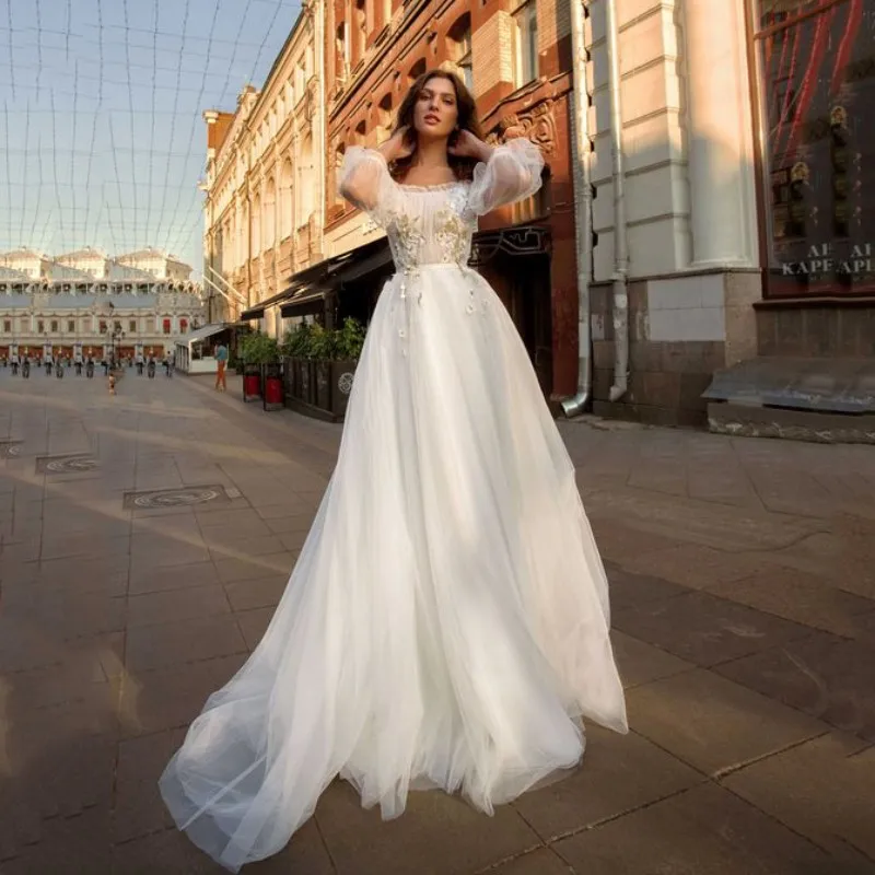 

Thinyfull New Arrival Wedding Dresses A Line Boat Neck Puffy Sleeve Bride Dresses Tulle Lace Appliques Vestido De Novia 2020