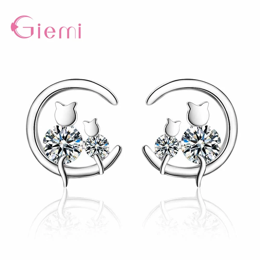 

New Simple 925 Sterling Silver Cat Crystal Stud Earrings For Women Trendy Elegant Ear Hoops Jewelry Accessories Bijoux