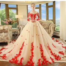 Роскошные бальные Свадебные платья с часовым шлейфом Vestido De Noiva Princesa красный орнамент жемчуг длинный рукав платье невесты