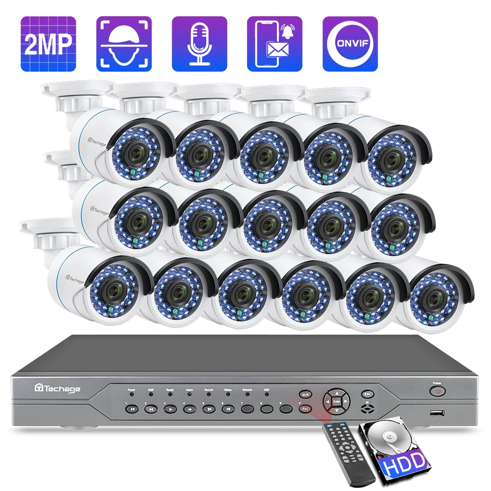 Techage 16CH 1080P POE NVR Security Camera System 16pcs 2MP HD Audio Sound Record CCTV Security Video Surveillance Kit P2P XMeye