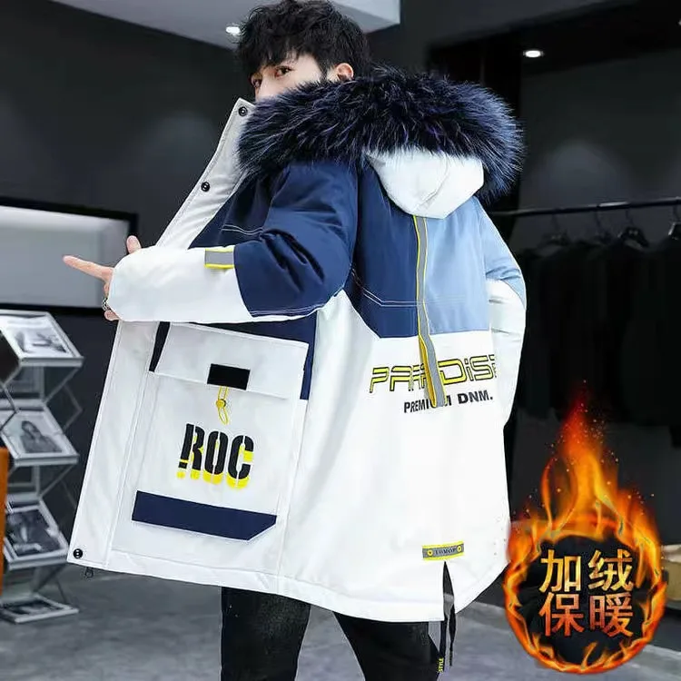 

New Winter Men's Parka Thickened Cotton Padded Hooded Jacket With Fur Collar Overcomes Warm Streetwear Coat Windbreaker