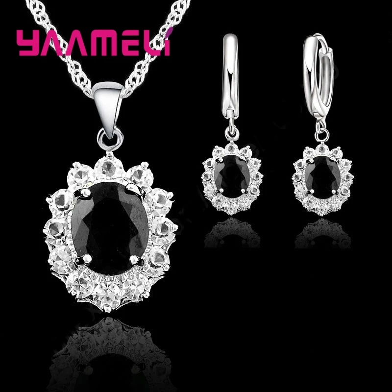 Tanio 925 srebro czarne naszyjniki z kryształem kolczyki komplety biżuterii