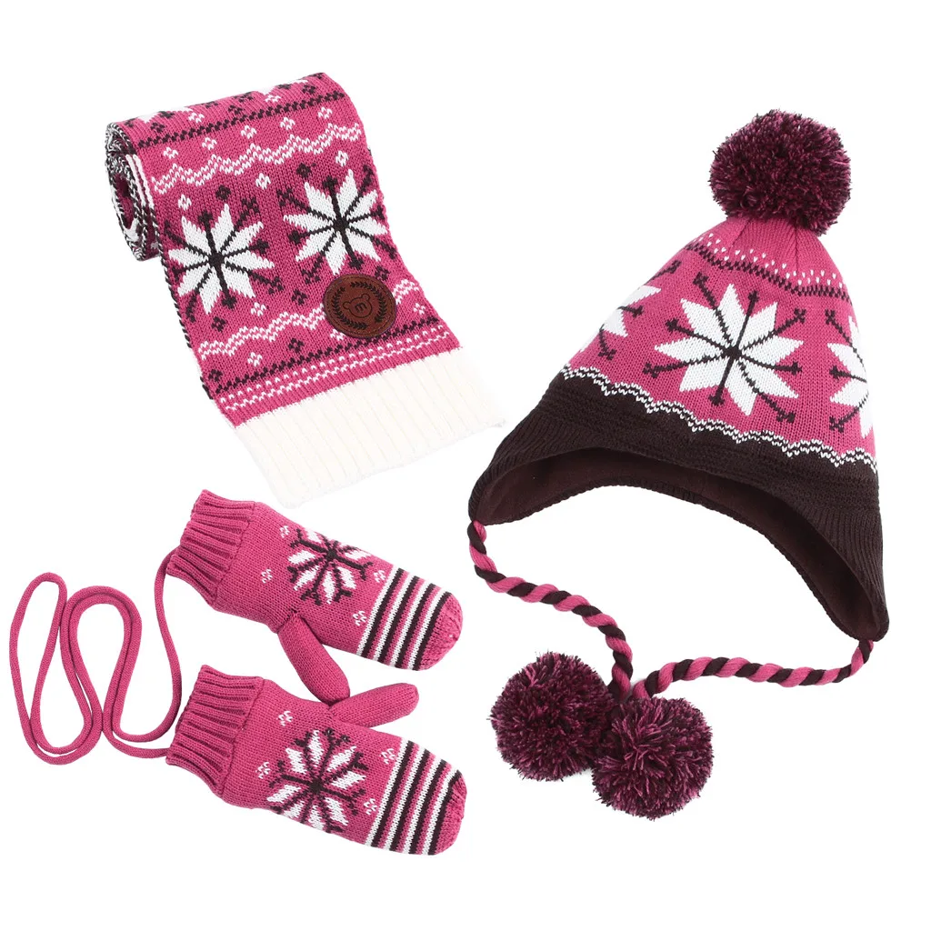 HOT PINK Детские перчатки, зимние детские шапки с помпоном для маленьких мальчиков и девочек, теплые вязаные шарфы, шапки, шарфы, перчатки для детей, вязаные перчатки для детей - Цвет: HOT PINK