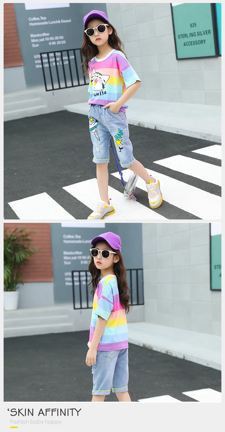 Girls Rainbow Striped T-shirt Summer Outfit Girl Clothes Jeans Shorts Kids Girls 2 Piece Clothing Set