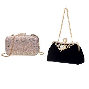 

2 Pcs Female Diamond Pearl Handbag Vintage Evening Bag Wedding Party Bride Clutch Bag Purse-Black & Pink