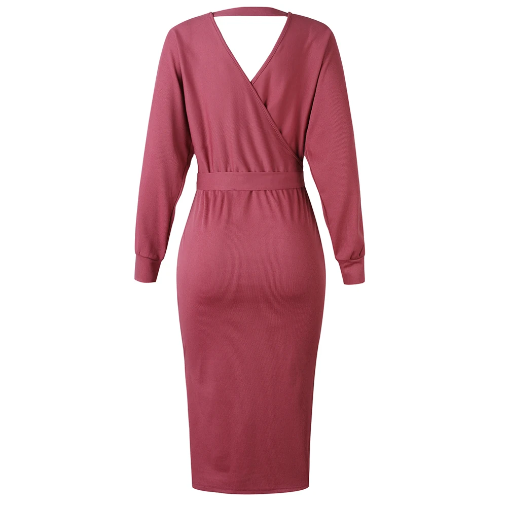 Casual Ladies Dresses Women Long-sleeved V-neck Belted Knitwear Vestidos Ropa Mujer Autumn Sexy Midi Dress Long Knitted Sweaters