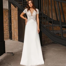 

Vintage Short Sleeves Satin Wedding Dress Elegant Illusion V-Neck A-Line Lace Appliques Open V-Back Bridal Gown For Women 2022