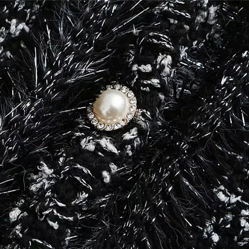 Осенняя черная твидовая модная короткая куртка Feamale шикарная однобортная блестящая верхняя одежда с длинными рукавами, куртка в уличном стиле Femme