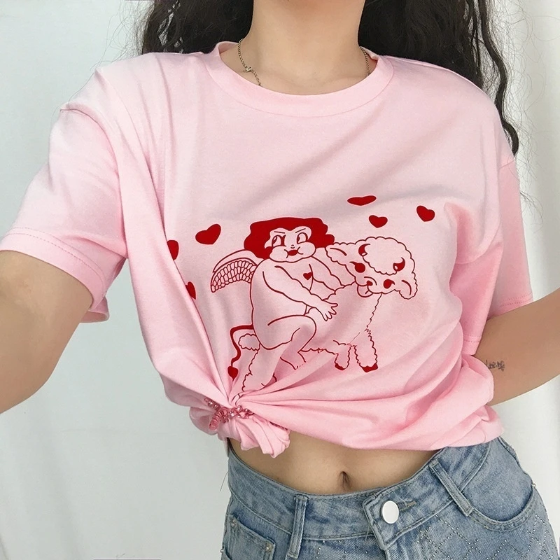 

Cherub Lamb Graphic Tee Angel Japanese Style Girl Pink Kawaii Cute Women T-Shirt Sweet Casual Hot Sale Vintage Female Tops