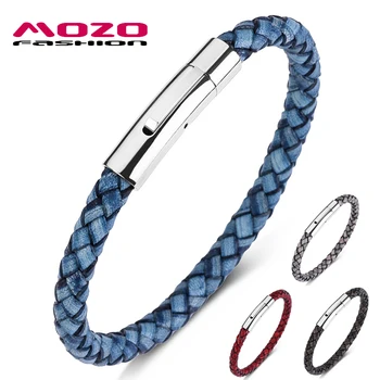 

MOZO FASHION NEW Men Charm Bracelets Blue Genuine Leather Rope Mixed Braided Bracelet Simple Punk Women Classic Jewelry 602