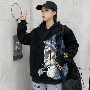 

2020 Spring&Autumn Hoodies Women Black Cartoon Print Fashion Hooded Plus Size Cotton Bts Kpop Sweatshir Women Free Shipping