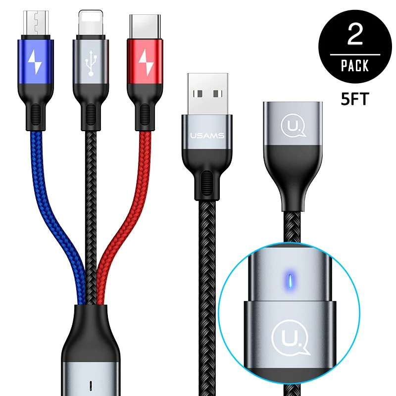 USAMS 3 в 1 USB кабель для iPhone x зарядный кабель Micro USB кабель type c кабель для samsung s9 plus зарядный Шнур USB OTG - Цвет: Черный