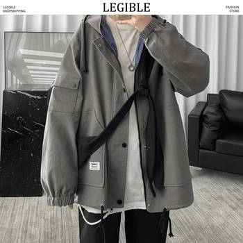 

LEGIBLE 2020 Solid Color Jackets Mens Big Pockets Korean Casual Loose Cargo Jackets Mens Hooded Windbreaker