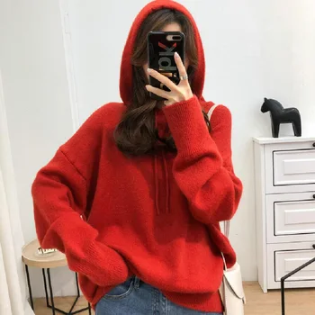

Autumn and winter women's sweater casual solid color loose hooded sweater