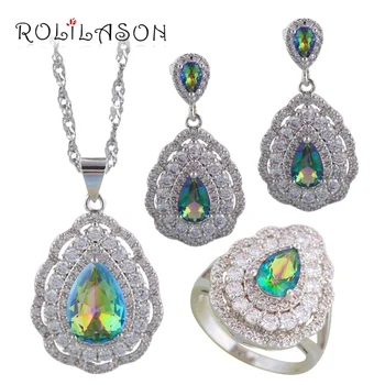

ROLILASON Rainbow color Zircon Water drop Silver filled 925 stamped Wedding Jewelry Sets Earrings Necklace rings JS704