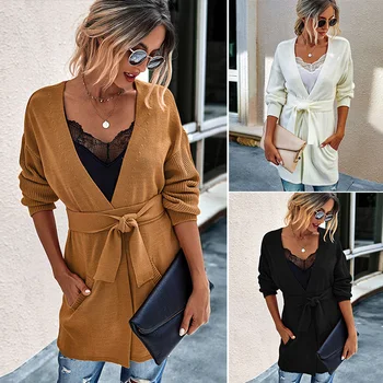 

Long Cardigan Women Autumn Winter Elegant Ladies Long Sleeve V Neck Knit Sweater Tops Belt Jacket Coat