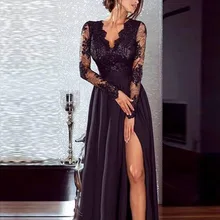 Женское платье в европейском и американском стиле, сексуальное кружевное вечернее платье с v-образным вырезом и длинным рукавом, однотонная раскачивающаяся юбка Ed0461