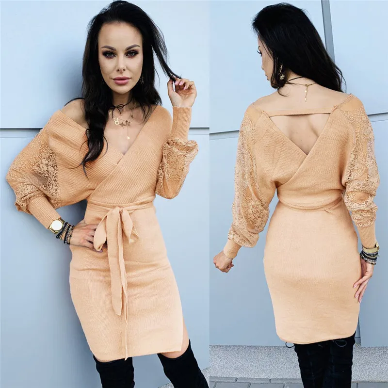 2019 Autumn Long Dresses For Women Solid Yellow Sashes Mini Casual V Neck Ruffles Elegant Evening Party Dress | Женская одежда