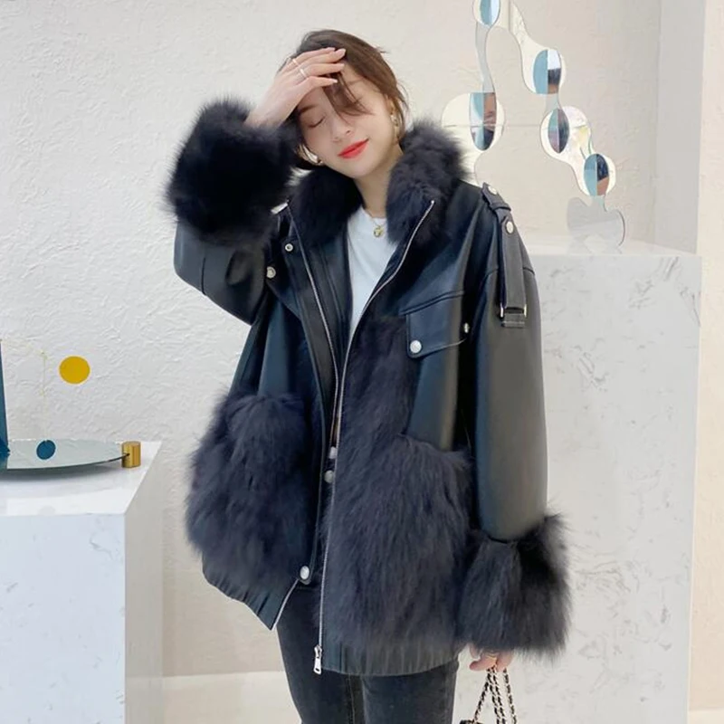 Women's Genuine Sheepskin Leather Jackets Natural Fox Fur Patcwork