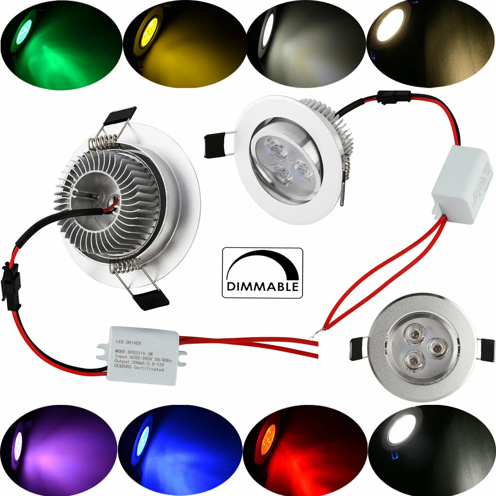 Description Picture 3 of item12V 24V Multicolor 3W Dimmable LED Recessed Ceiling Downlight Spotlight Lamps Bulb with Driver Red Yellow Blue Green Purple