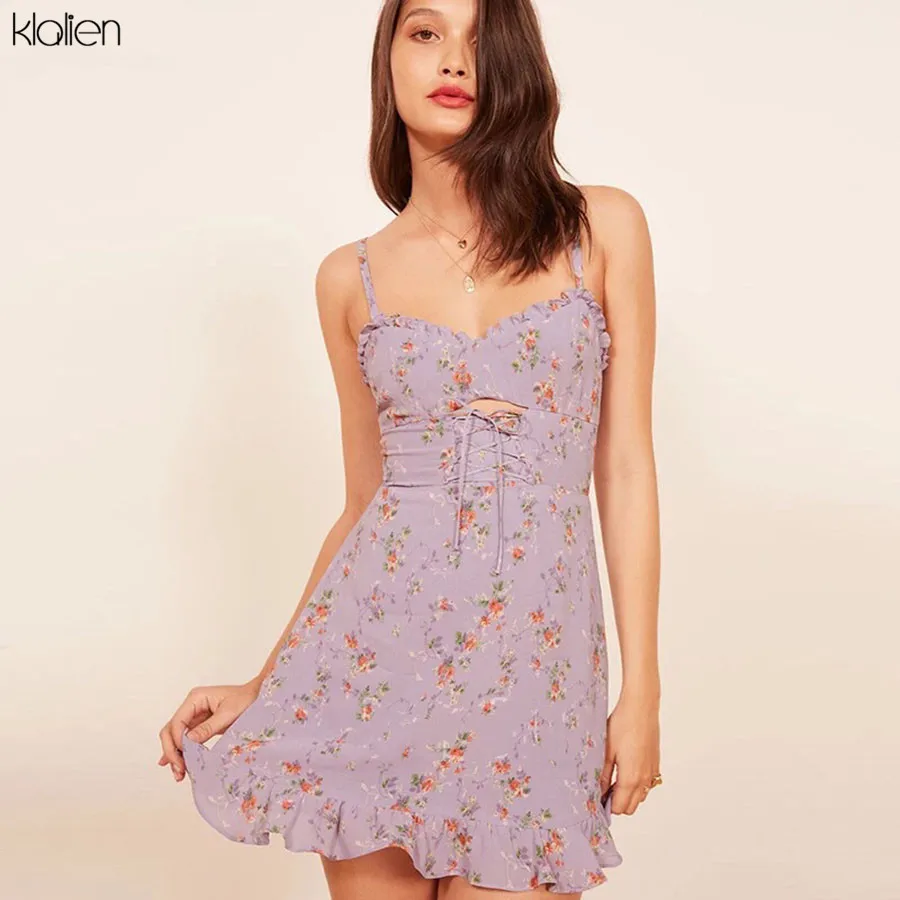 

KLALIEN Floral Printed Sexy Strap Hollow Out Lace Up Mini Dresses Purple Short Dress Female Vestidos 2019 New Women Summer Dress