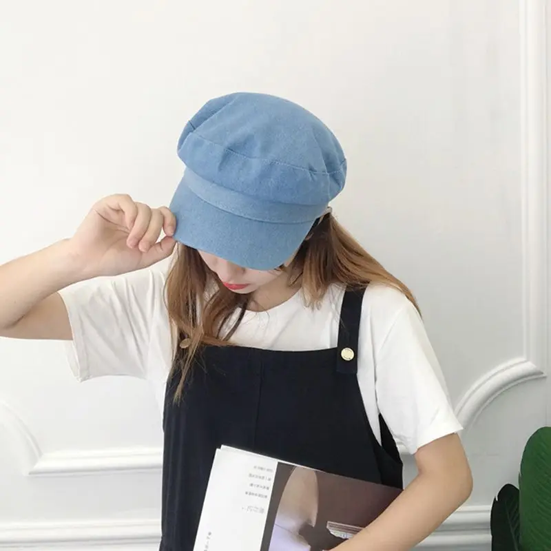 

British Style Women Men Retro Washed Denim Flat Top Beret Cap Sun Protection Visor Student Painter Bakerboy Newsboy Navy Hat