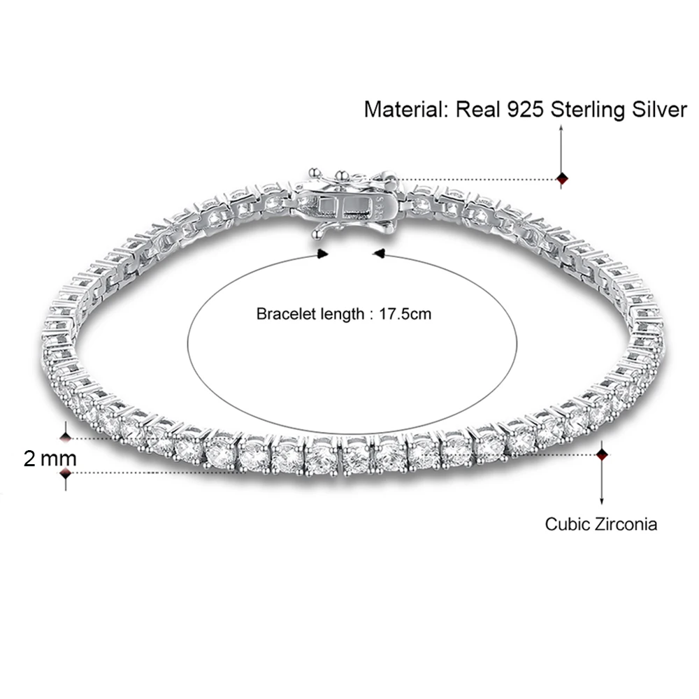Real 925 Silver 2mm 17,5 см Теннисный Браслет из чистого серебра 925 пробы, ювелирные изделия 2-4 мм, 5A CZ, вечный подарок для жены, блестящие браслеты из настоящего стерлингового серебра - Цвет камня: Real 925 Silver 2mm