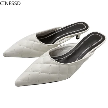 

Women Luxury Linger Slippers Elegant Pointed Toe Slip On Sandal Low Thin Heel Mules Outside Ladies Party Slides