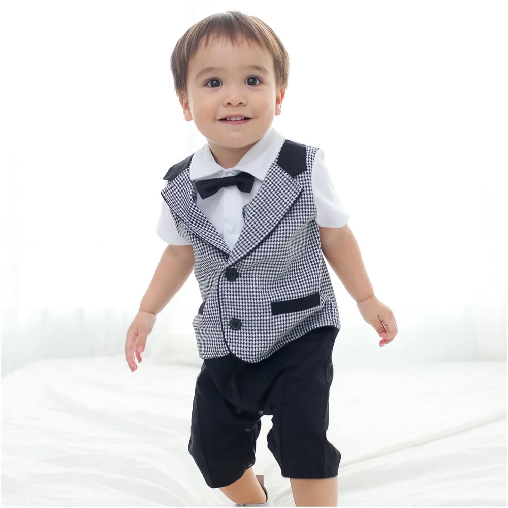 

Spring And Summer New Products Gentleman Bowtie Fold-down Collar Waistcoat jia san jian Short Sleeve Crawling Clothes Baby Onesi
