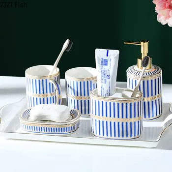 

5 Pcs/set Ceramic Bathroom Accessory Set Washing Tools Shower Gel Bottle Mouthwash Cup Soap Box Toothbrush Holder Houseware